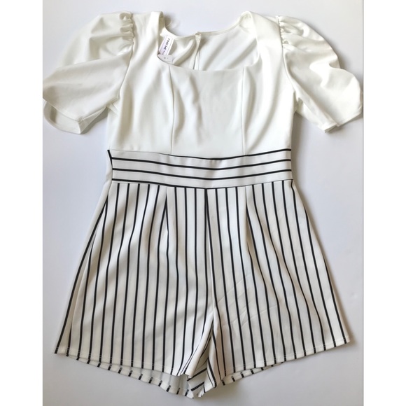Find Me Plus Size Black and White Striped Square Neckline Romper - Picture 1 of 7